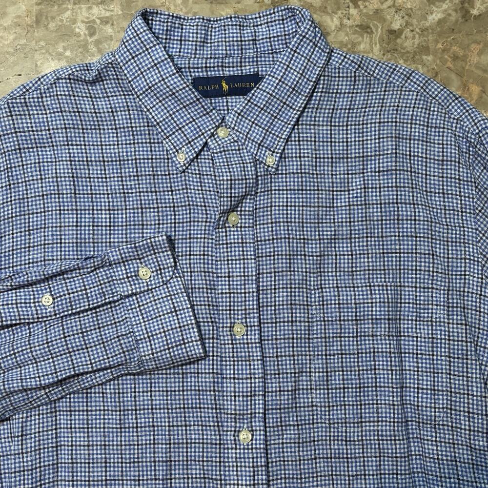 Polo Ralph Lauren Shirt Mens XL Blue Gingham Check 100% Linen Long Sleeve Button